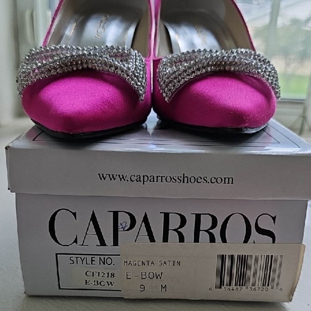 Caparros Fuchsia Satin Heels with Rhinestone Bow - Picture 2 of 9